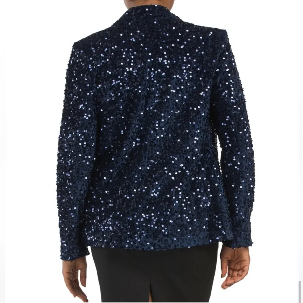 Nanette Lepore Girls’ Night Out Sapphire Blue Velvet Sequin Blazer Jacket - Picture 5 of 16